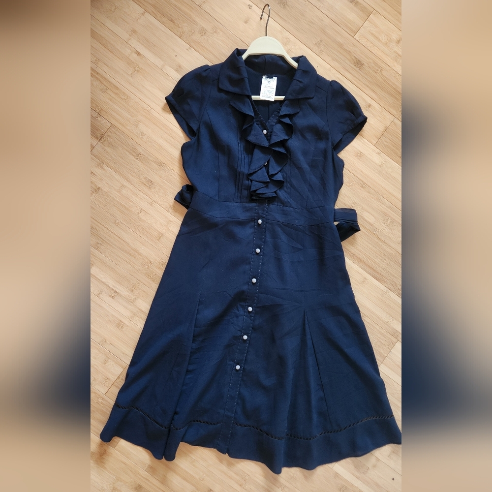 CHANEL Blue Ruffled Buttoned Shirt Dress